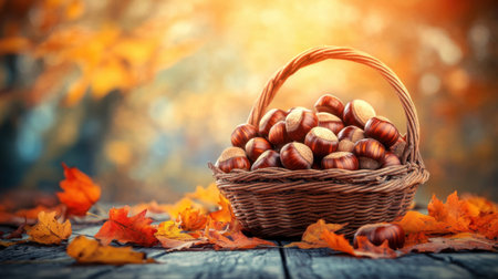 Enjoy a beautiful autumn scene featuring a woven basket brimming with chestnuts, set against a backdrop of colorful fallen leaves and warm sunlight.の素材
