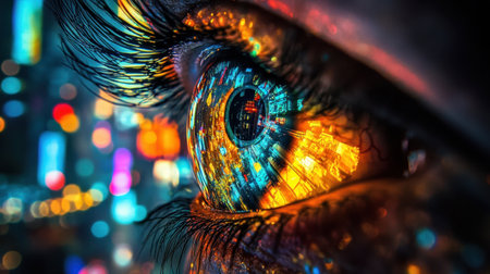 An artistic close-up of an eye reflecting bright city lights, showcasing vibrant colors and intricate details that evoke the essence of urban nightlife and beauty.の素材