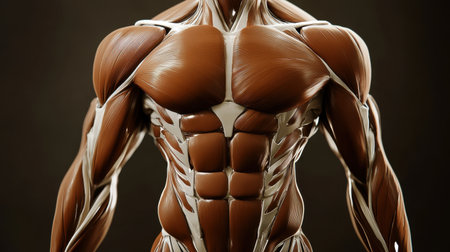 Detailed representation of human muscle anatomy presented in a captivating artistic style emphasizing strength and fitness, ideal for educational and artistic purposes.の素材