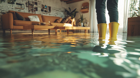 A person in bright yellow rain boots stands in a flooded living room, showcasing water damage and its effects on home life, inviting reflection on climate-related challenges.の素材