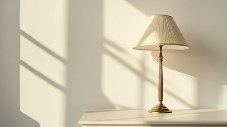 Brass lamp with cream shade, sunlight enhancing vintage elegance on white surfaceの素材