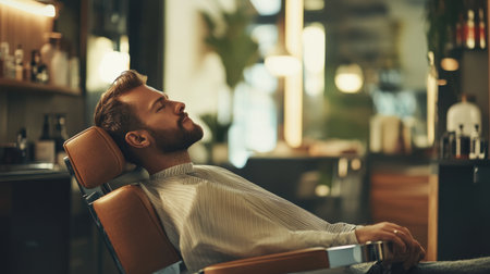 A relaxed man sits in a barber chair, enjoying his grooming session in a stylish shop with a calm atmosphere, highlighting the art of modern barbering and self-care.の素材