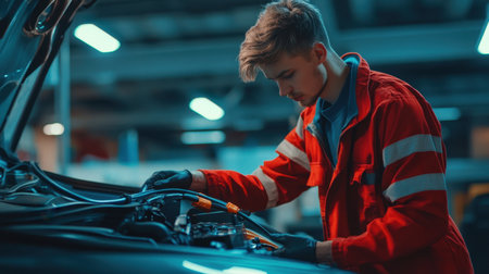 A young male mechanic is intently inspecting a vehicle's engine in a brightly lit garage, showcasing a professional approach to automotive repair and maintenance.の素材