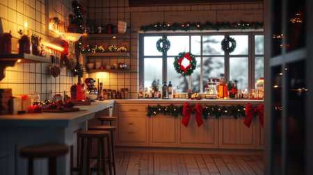 A beautifully decorated kitchen featuring festive ornaments, warm lighting, and a cozy atmosphere, perfect for holiday celebrations and creating joyful culinary memories with loved ones.の素材