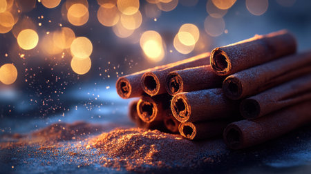 A captivating arrangement of cinnamon sticks enveloped in warm, glowing lights, creating an enchanting atmosphere perfect for holiday and food-themed projects.の素材