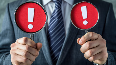 Close-up of a businessman scrutinizing red exclamation icons through a magnifier, symbolizing detailed incident investigationの素材