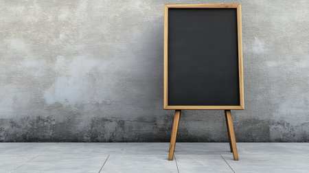 Empty menu board on a stand, black surface ready for writing, ideal for menu displaysの素材