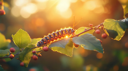 Bright caterpillar crawling on green leaf, basking in warm sunlight, vibrant nature close-upの素材