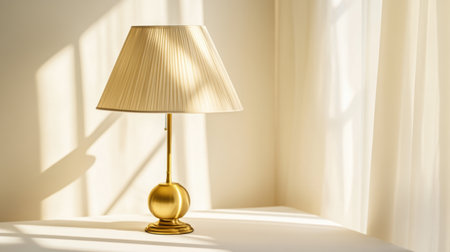 Brass table lamp with classic cream shade, bathed in sunlight on a clean, white surfaceの素材