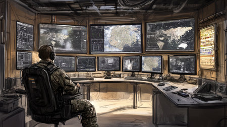 A military operator sits in a high-tech control room, surrounded by multiple screens displaying intricate data, maps, and surveillance information, emphasizing coordination and strategy.の素材