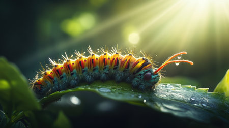 Colorful caterpillar rests on leaf under warm sun rays, vivid colors and natural beautyの素材