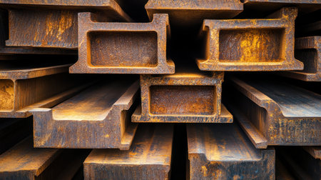 Stacked rusty steel rails provide a striking close-up view, showcasing the intricate texture and robust structure of industrial metal products used in construction and engineering.の素材