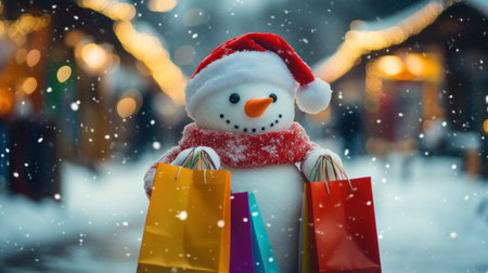 A whimsical snowman with a red scarf and hat joyfully holds colorful shopping bags amidst gently falling snow, surrounded by twinkling holiday lights. Perfect for festive themes.の素材