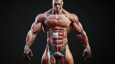 A stunning 3D render of a muscular human anatomy model, perfect for educational materials or fitness art, showcasing intricate details of muscles and body structure.の素材