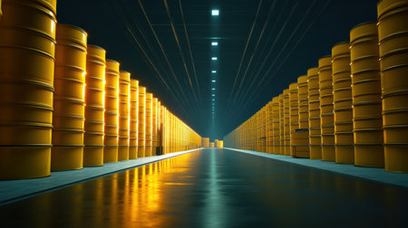 A vast industrial warehouse features vibrant yellow oil drums stacked in organized rows under soft lighting, showcasing reflections on the polished floor for a striking visual impact.の素材