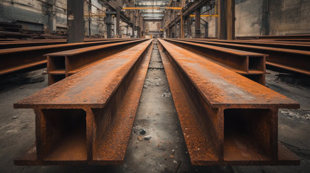 This photograph captures rusty steel beams in an abandoned warehouse, showcasing the texture and decay of industrial materials in a forgotten manufacturing space.の素材