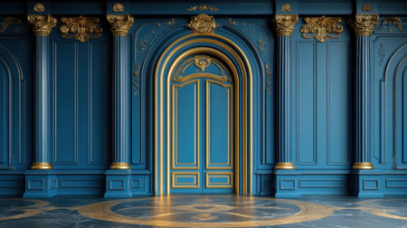 Stunning interior featuring a royal blue backdrop, golden accents, and intricate details, perfect for artistic projects, historical themes, or luxury design inspirations.の素材