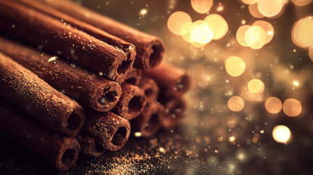A close-up view of cinnamon sticks arranged harmoniously, set against a soft bokeh background that evokes a cozy and festive atmosphere perfect for the holidays.の素材