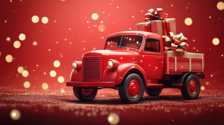 A charming red toy truck filled with beautifully wrapped gifts, set against a backdrop of sparkling bokeh lights, creating a joyful holiday atmosphere perfect for celebrations.の素材