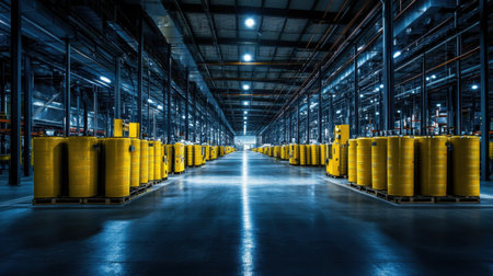 A spacious industrial warehouse featuring neatly arranged yellow barrels under bright lighting, highlighting a modern and organized storage environment for various materials.の素材