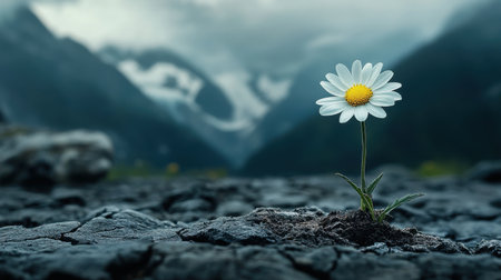 Daisy bloom rising from barren, cracked ground, expressing resilience and the rebirth of life against difficult oddsの素材