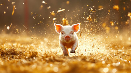 Cheerful piglet leaping through swirling hay in barn, rustic and playful farm settingの素材