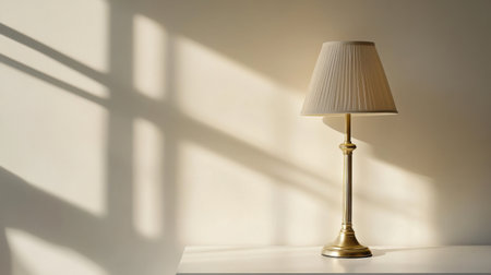 Brass table lamp with classic cream shade, bathed in sunlight on a clean, white surfaceの素材