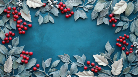 Stunning arrangement of leaves and berries set against a vibrant blue background, perfect for holiday projects, invitations, and seasonal celebrations.の素材