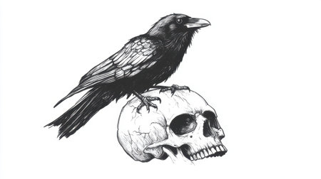 Hand-drawn sketch of a crow perched on a skull, isolated on white; modern illustration style with bold detailsの素材