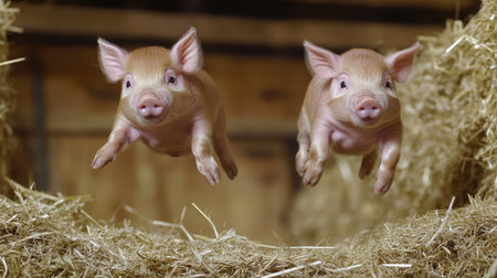 Piglet joyfully leaping through hay in rustic barn, straw in motion, farm charmの素材
