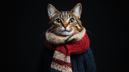 A cozy tabby cat wearing a scarf and winter coat, standing out dramatically on a solid black backdropの素材