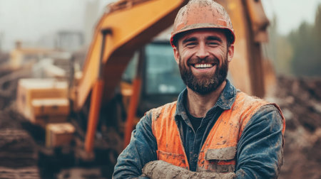A muddy construction worker with a wide grin stands confidently in front of an excavator at a dynamic worksiteの素材