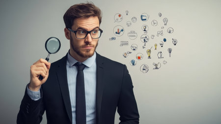 A serious businessman with a magnifier studies incident icons, searching for root cause solutions with exclamations for alertnessの素材