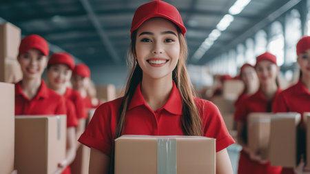 A cheerful woman in a red uniform stands with her smiling team, each holding boxes in a brightly lit warehouse, symbolizing teamwork and efficiencyの素材