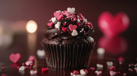 A dark chocolate cupcake decorated with heart sprinkles takes center stage, capturing the joy and indulgence of a perfect dessert for love-filled occasionsの素材
