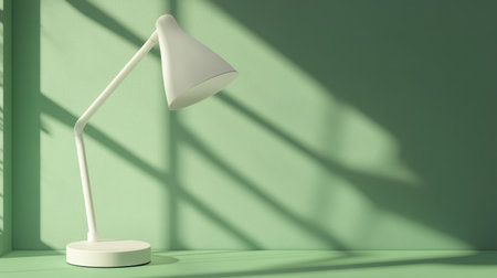 Modern white lamp with curved arm, casting soft light on a green background, creating warmthの素材
