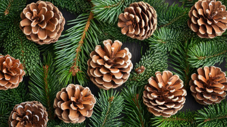 Pine cones nestled on branches of evergreen trees, with a backdrop of natural greeneryの素材