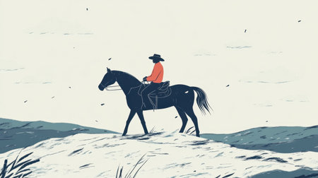 Lone rider in cowboy hat on a horse, capturing the wild west in simple, modern illustration styleの素材