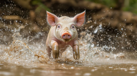 Mud-splashed piglet running with playful energy, water droplets flying as it glances at viewerの素材