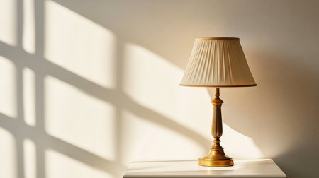 Vintage brass table lamp with cream shade, sunlight casting warm tones on white surfaceの素材