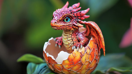 Small red dragon cub in half-broken egg shell, freshly hatched with vibrant colors and magical appealの素材