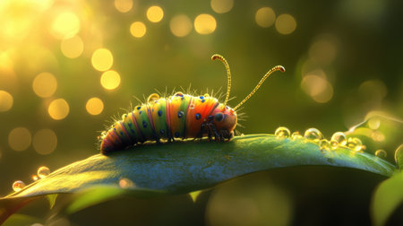 Warm sunlight over colorful caterpillar on green leaf, nature simplicity and beautyの素材