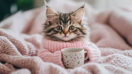 A fluffy kitten wearing a pink outfit, holding a small mug while sitting on a soft blanket, radiating cozinessの素材