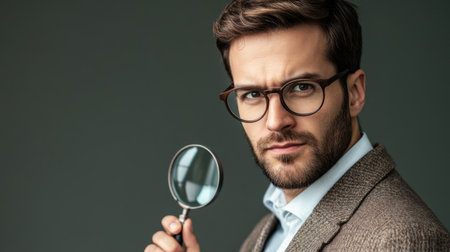 Incident analysis with a businessman, magnifying glass, and attention symbols, emphasizing focus on root cause and solution findingの素材