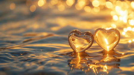 A pair of heart-shaped objects glides in crystalline water, bathed in golden sunlight, symbolizing the purity and beauty of loveの素材