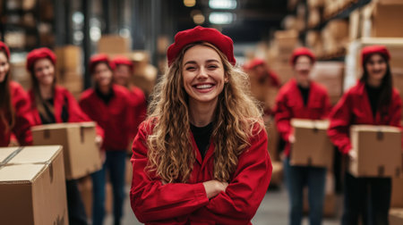 A happy woman in a red uniform stands at the forefront with her team behind her in a bustling warehouse, all holding boxes and radiating enthusiasmの素材