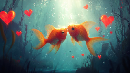 A pair of fish engage in a soft kiss, surrounded by glowing red hearts in an enchanting marine landscape, evoking a sense of peaceful loveの素材