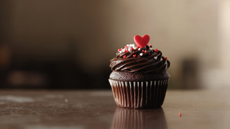 A decadent chocolate cupcake topped with glossy frosting and red heart sprinkles rests on a table, symbolizing love and joy in every biteの素材