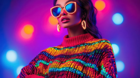 A fashionable woman in a bold, colorful sweater adorned with neon lights strikes a pose, blending modern elegance with a festive, vibrant atmosphereの素材