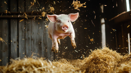 Piglet joyfully leaping through hay in rustic barn, straw in motion, farm charmの素材